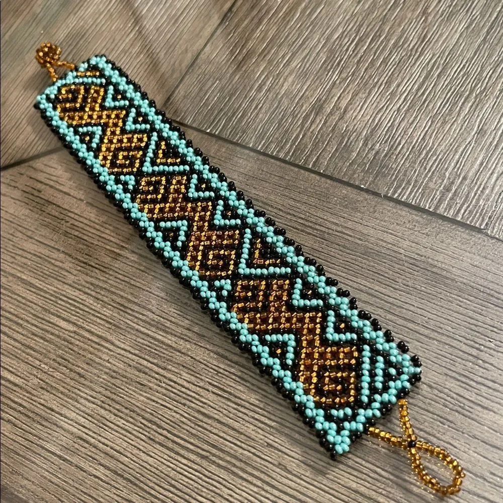 Miyuki Boho Beaded Bracelet – Turquoise & Amber Geometric Pattern Peyote Stitch